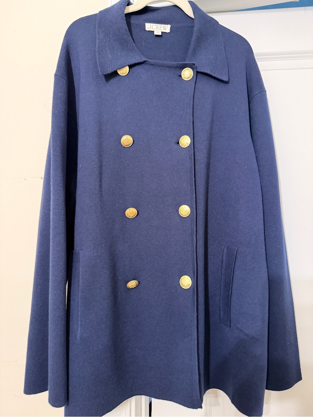 J. Crew Navy Double-Breasted Cardigan Coat with Gold Buttons